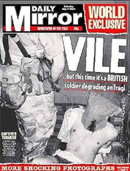 Portada del <i>Daily Mirror</i> en la que, junto a la foto de la vergüenza, aparece el titular <i>Vil. Pero esta vez es un soldado británico degradando a un iraquí</i>.