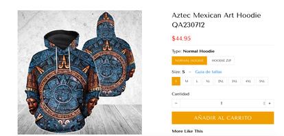 Una prenda con la imagen de la Piedra del Sol se vende en 45 dólares (unos 900 pesos mexicanos) en una página estadounidense.