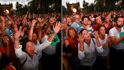 Reacción de los seguidores independentistas congregados ante el Parlamento de Cataluña el 10 de octubre de 2017, tras escuchar a Carles Puigdemont declarar la independencia y suspenderla de inmediato.