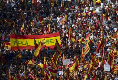 "Viva el Rey" es lema de una de las pancartas que se han visto en la manifestación.