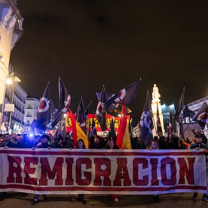 MADRID, SPAIN - 2024/10/25: Members of far right group Falange rally through downtown Madrid protesting against immigration with the slogan "Remigration" and demanding the repatriation of migrants. (Photo by Marcos del Mazo/LightRocket via Getty Images)