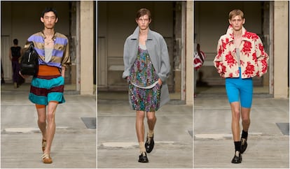 Tres modelos en el desfile de Dries Van Noten en la semana de la moda de París.