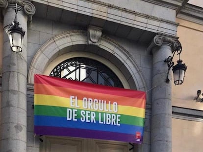 La bandera LGTB, esta mañana en la sede de la Vicepresidencia de la Comunidad de Madrid.