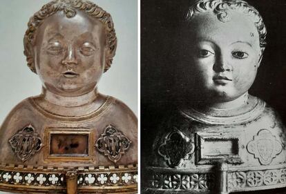 Relicario de plata del siglo XIV y su copia de madera del XIX un Santo Inocente de la iglesia de Sant Joan de Valls, los dos desaparecidos.