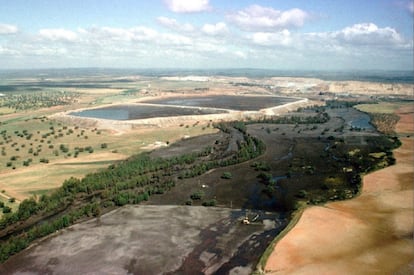 Vista aérea de la riada de cinco millones de metros cúbicos de aguas y lodos contaminados que arrasaron la del Guadiamar, río que nutre al Parque Nacional de Doñana, 24 de mayo de 1998.