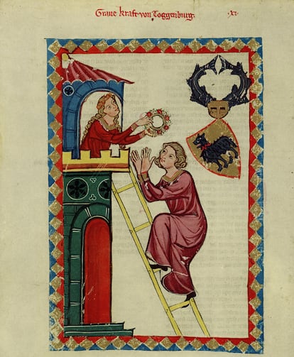 'Conde Kraft III de Toggenburg' (Del 'Codex Manesse', entre 1305 y 1340). Encontrado en la colección de la Biblioteca de la Universidad Ruprecht Karl, Heidelberg.