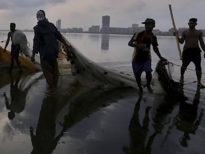 Pie de Foto: Un grupo de pescadores paquistaníes arrastran sus redes en una playa de Karachi, Pakistán