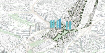 Proyecto d elas seis torres nuevas (en azul), con la más alta en el centro