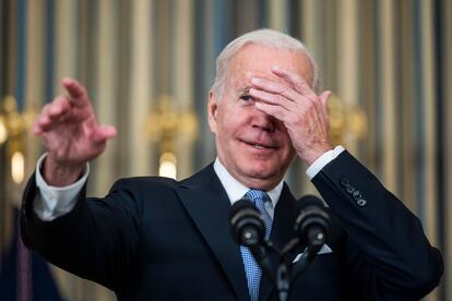 El presidente de los Estados Unidos, Joe Biden, durante la rueda de prensa sobre la aprobación del plan de infraestructuras, este sábado.