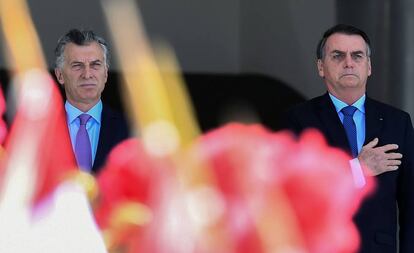 Os presidentes Mauricio Macri e Jair Bolsonaro, em encontro na manhã desta quarta em Brasília.