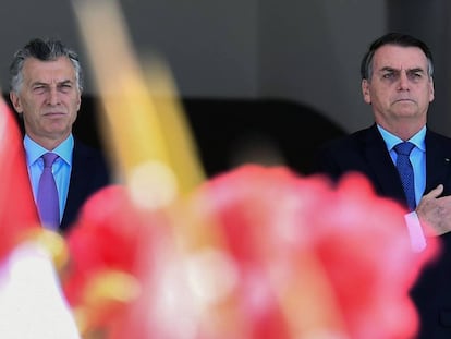 Os presidentes Mauricio Macri e Jair Bolsonaro, em encontro na manhã desta quarta em Brasília.