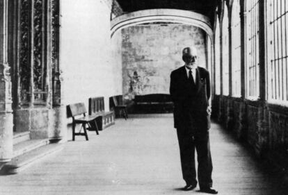 Miguel de Unamuno photographed at the University of Salamanca.