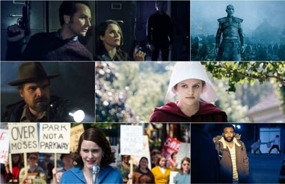 De izquierda a derecha, 'The Americans', 'Juego de tronos', 'Stranger Things', 'The Handmaid's Tale', ‘The Marvelous Mrs. Maisel’ y 'Atlanta'.