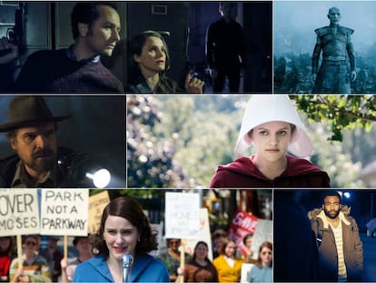 De izquierda a derecha, 'The Americans', 'Juego de tronos', 'Stranger Things', 'The Handmaid's Tale', ‘The Marvelous Mrs. Maisel’ y 'Atlanta'.