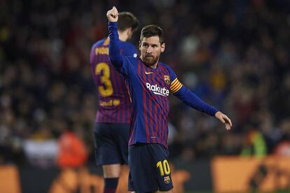 Messi celebra su gol 400 en LaLiga ante el Eibar.