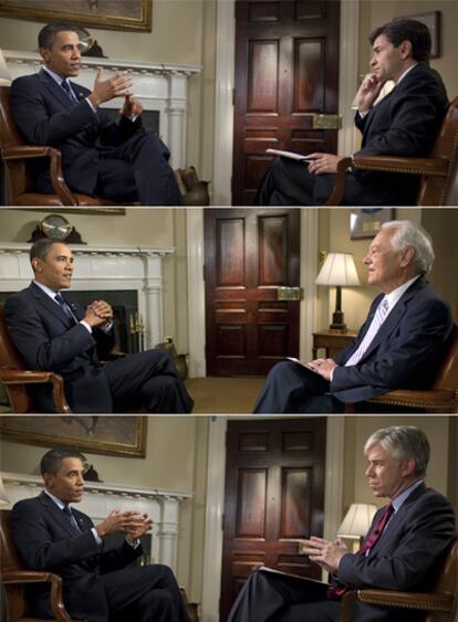 El presidente de los EE UU, Barack Obama, responde (de arriba a abajo) a George Stephanopoulos (ABC), Bob Schieffer (CBS) y David Gregory (NBC) en las distintas entrevistas que se emitirán en el domingo.
