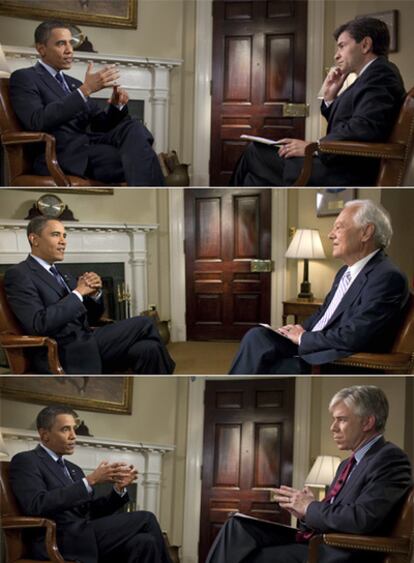 El presidente de los EE UU, Barack Obama, responde (de arriba a abajo) a George Stephanopoulos (ABC),  Bob Schieffer (CBS) y David Gregory (NBC) en las distintas entrevistas que se emitirán en el domingo.