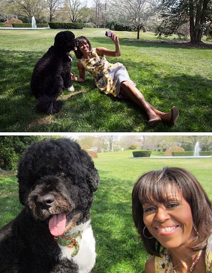 Así posaba Michelle Obama junto a su nuevo perro Sunny.