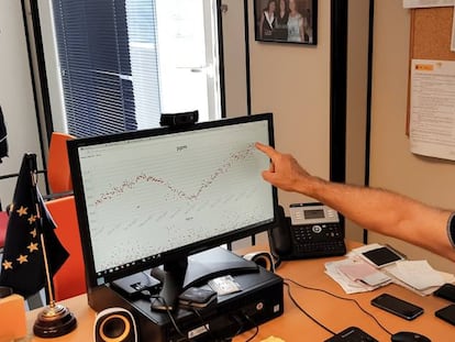 Cuevas señala en su ordenador el récord global de dióxido de carbono en la atmósfera.