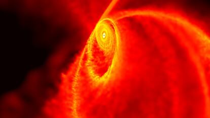 El borde más interno de este disco de gas se está adhiriendo a un enorme agujero negro.