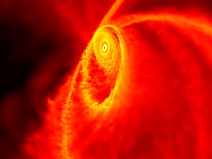 El borde más interno de este disco de gas se está adhiriendo a un enorme agujero negro.