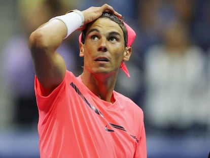 Rafael Nadal celebra su victoria ante Lajovic.