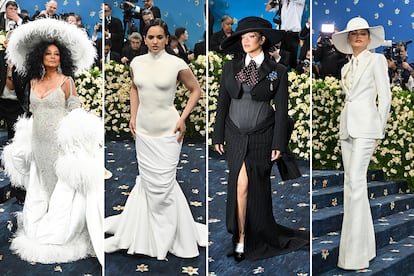 De izquierda a derecha, Diana Ross, Rosalía, Rihanna y Zendaya, en la escalinata de la Gala Met.