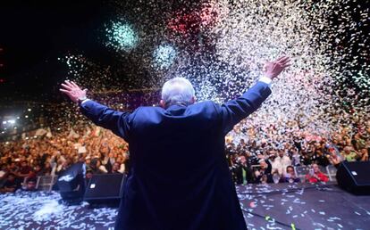 López Obrador, durante el acto de celebración de su victoria electoral