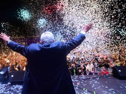 López Obrador, durante el acto de celebración de su victoria electoral