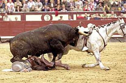 Pablo Hermoso de Mendoza, derribado por el tercer toro de la tarde.