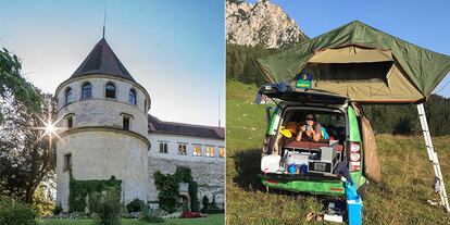 A la izquierda, el castillo austríaco de Alice Stori Liechtenstein; a la derecha, su furgo camperizada en la que está pasando el verano.