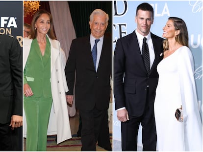 De izquierda a derecha, tres parejas rotas: Shakira y Piqué, Isabel Preysler y Mario Vargas Llosa y Tom Brady y Gisele Bündchen.