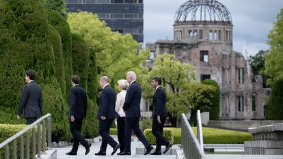 Members of the Group of Seven visit the Peace Memorial Park as part of the G7 Leaders' Summit in Hiroshima on May 19, 2023.