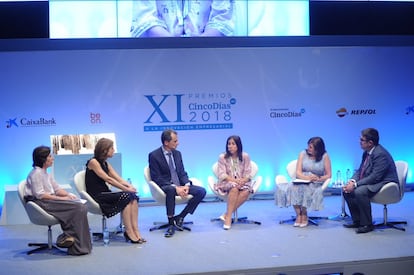 Helena Herrero, presidenta de HP España; PIlar López, presidenta de Microsoft España; Pedro Duque, ministro de Ciencia e Innovación; María Jesús Almazor, consejera delegada de Telefónica España; Rosa García, presidenta de Siemens España; y Ricardo de Querol, director de Cinco Días.