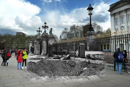 Vista exterior del Palacio de Buckingham el 14 de septiembre de 1940 y en la actualidad.