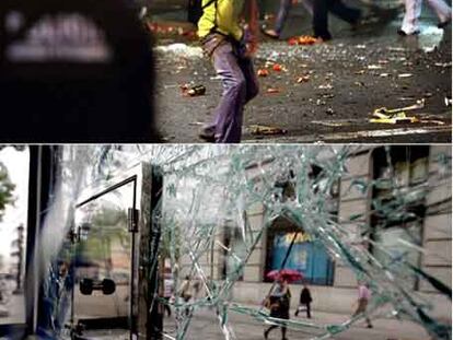 Arriba, uno de los jóvenes que participaron en los enfrentamientos con la policía, en el centro de Barcelona. Abajo, un puesto de la ONCE, cerca de la plaza de Catalunya, que quedó destrozado.
/ carles ribas