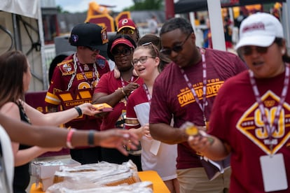 Washington Commanders NFL team fans participate in a pep rally to celebrate the purchase of the team at FedEx Field in Landover, Maryland, USA, 21 July 2023. The Harris group is paying $6.05 billion for the Commanders, a record sales for a North American sports franchise.