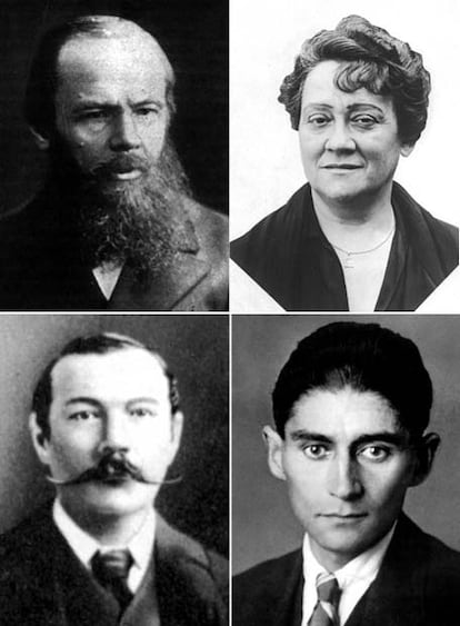 Arriba, Fiodor Dostoievski y Emilia Pardo Bazán. Abajo, de izquierda a derecha, Arthur Conan Doyle y Franz Kafka.