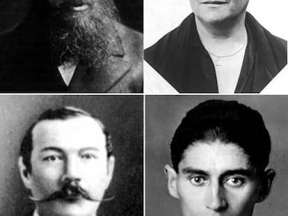 Arriba, Fiodor Dostoievski y Emilia Pardo Bazán. Abajo, de izquierda a derecha, Arthur Conan Doyle y Franz Kafka.
