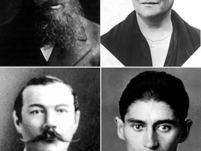 Arriba, Fiodor Dostoievski y Emilia Pardo Bazán. Abajo, de izquierda a derecha, Arthur Conan Doyle y Franz Kafka.