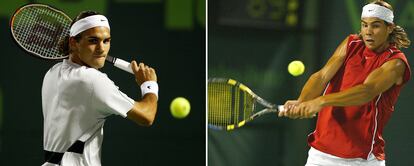 Roger Federer y Rafa Nadal, durante el primer partido en el que se enfrentaron, en 2004 en Miami.