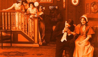 Imagen promocional de Florence Lawrence (en primer término, sentada) de una de sus películas de cine mudo.