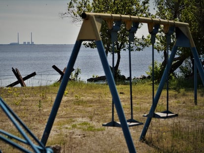 The Zaporizhzhia nuclear power plant, as seen on the far side of the Dnipro River from Ostriv, has been under Moscow's control since March 2022.