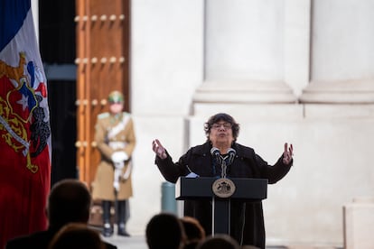 Alicia Lira, president of the Group of Relatives of Politically Executed Persons, gives a speech.