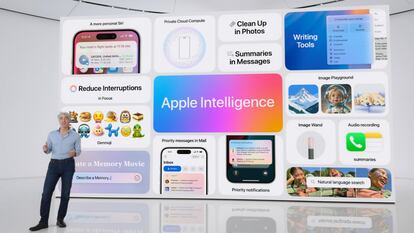 Craig Federighi, vicepresidente de 'software' en Apple, durante el anuncio el 10 de junio de las funciones de IA generativa que llegarán a algunos iPhones, iPads y Macs.