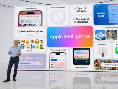 Craig Federighi, vicepresidente de 'software' en Apple, durante el anuncio el 10 de junio de las funciones de IA generativa que llegarán a algunos iPhones, iPads y Macs.