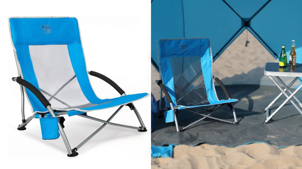 Esta silla de playa ultraligera presenta un asiento bajo.