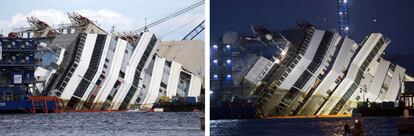 Combo de dos fotograf&iacute;as que muestra el antes (izda) y el despu&eacute;s de la operaci&oacute;n del inicio de la operaci&oacute;n de enderezamiento del &#039;Costa Concordia&#039;