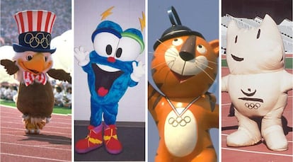 Sam, Izzy, Hodori e Cobi (mascotas dos Jogos Olímpicos de Los Angeles, Atlanta, Seul e Barcelona).