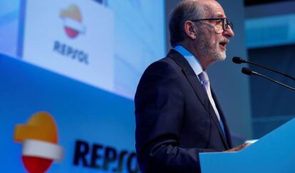 El presidente de Repsol, Antonio Brufau , durante su intervención en la jornada Energía y Geoestrategia 2019, la pasada semana. 